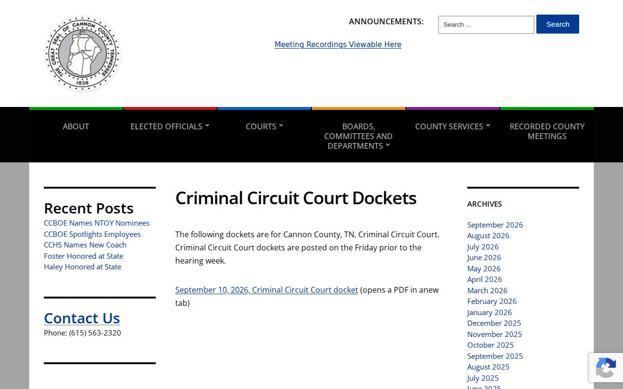 Cannon County criminal docket archive separate from arrest reports